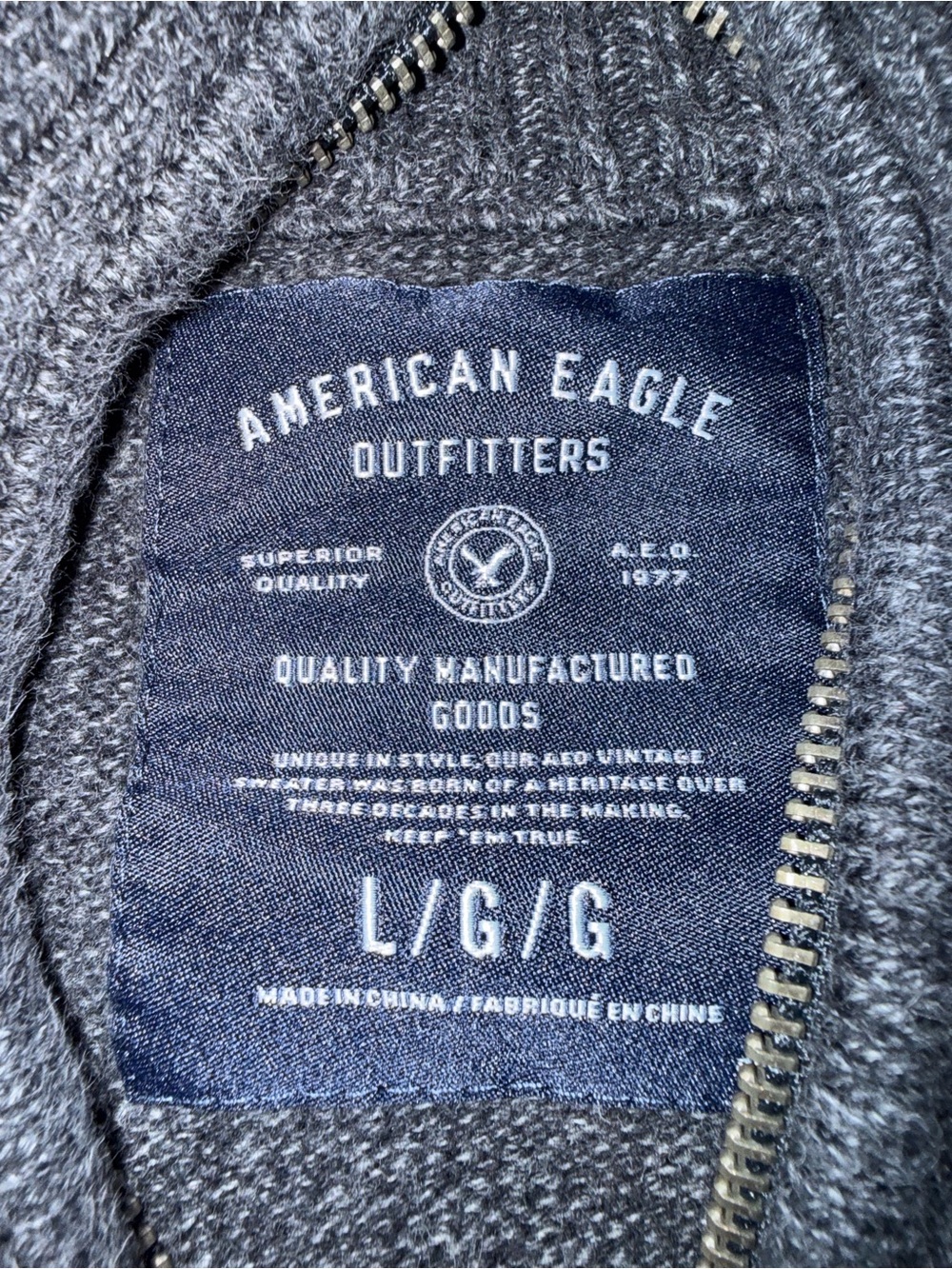 American Eagle Outfitters Men’s Dark Charcoal Zip-Up Sweater